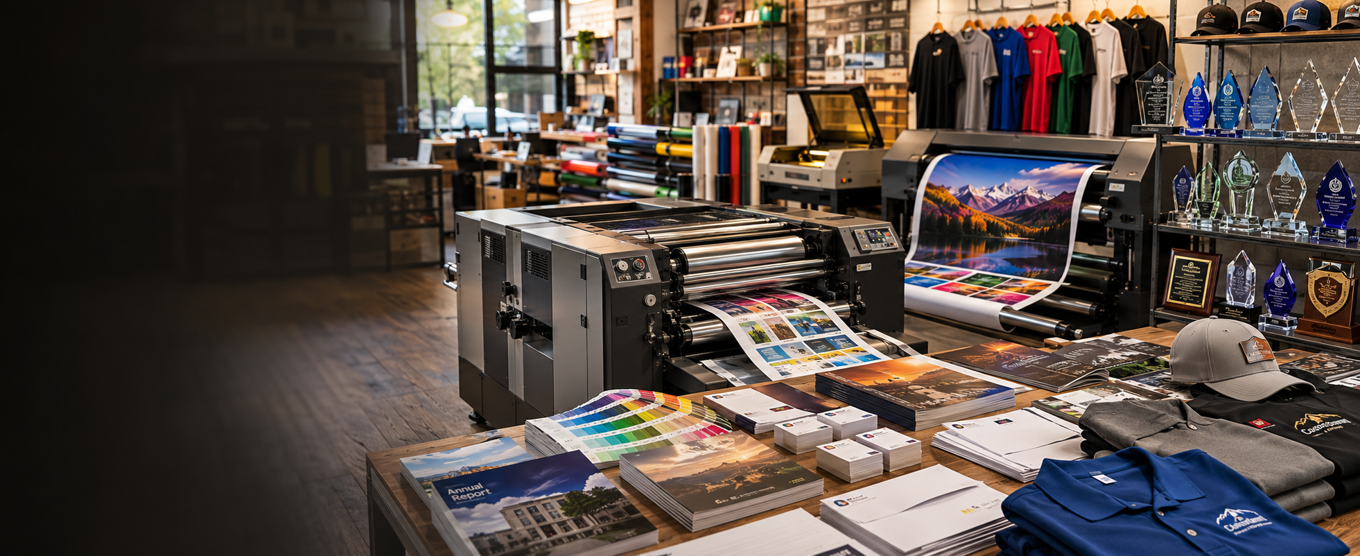 Moore Printing shop interior with commercial printers, custom apparel, and awards on display